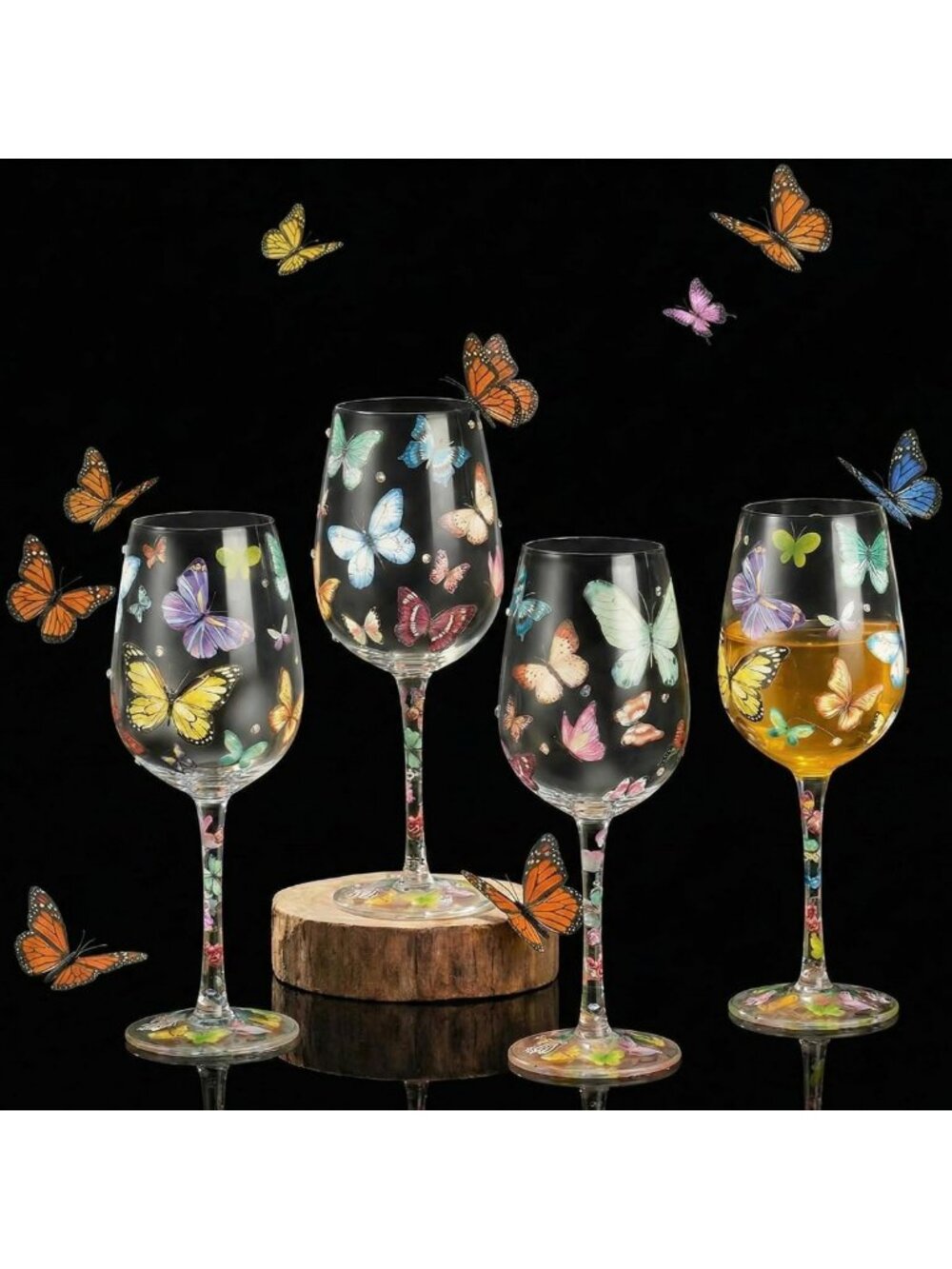 Hand-Painted Butterfly Wine Glasses Set of 4 | Elegant Long Stem Design